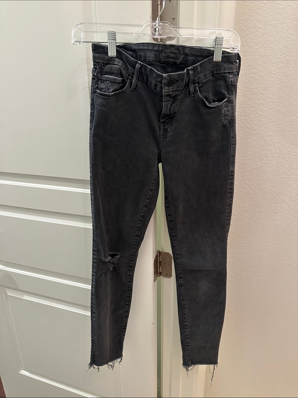 MOTHER Black Washed Skinny Jeans with Distressed Knee